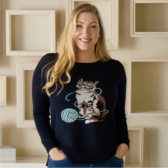 Astrologie Cat Ball of Yarn Pullover Navy Blue Sweater Women Small Soft Stretch - Picture 1 of 8